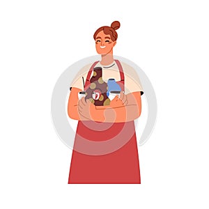 Woman ceramist holding ceramic works in hands. Happy girl with earthenware, clay pots, vases. Smiling female potter with photo