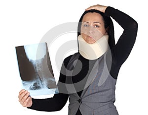 Woman with cervical collar and radiography