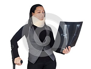 Woman with cervical collar and radiography