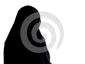 Woman in chador from behind, with copyspace. Isolated on white.