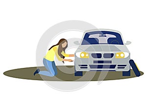 A woman changes the wheel of a car. Tire service. In minimalist style. Cartoon flat