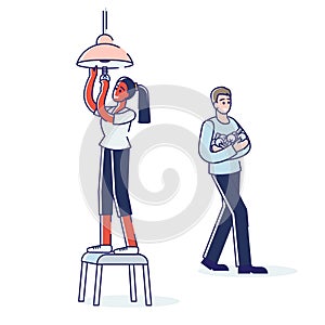 Woman changing light bulb for interior standing on stool. Cartoon female fixing lamp