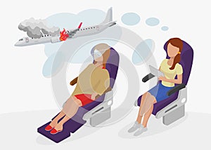 Woman character aerophobia sitting aircraft armchair, female prediction fear flight isolated on white, 3d isometric