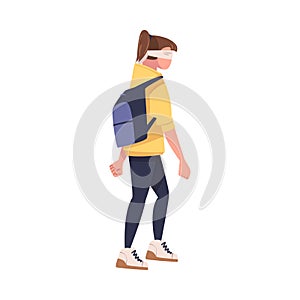 Woman Character with Backpack Wearing Blindfold Following Someone Trusting and Having Faith in Something Vector