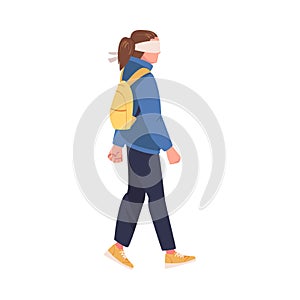 Woman Character with Backpack Wearing Blindfold Following Someone Trusting and Having Faith in Something Vector