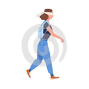 Woman Character with Backpack Wearing Blindfold Following Someone Trusting and Having Faith in Something Vector