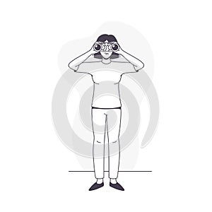 Woman Character with Binoculars Looking in Future Observing Vector Illustration