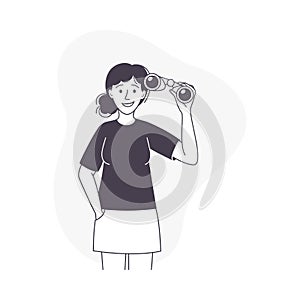 Woman Character with Binoculars Looking in Future Observing Vector Illustration