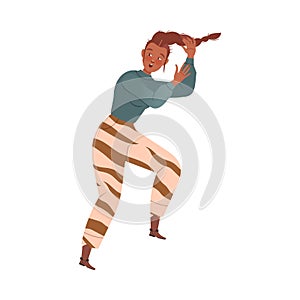 Woman Character with Braid Afraid of Something Feeling Scared and Terrified Running Away Vector Illustration