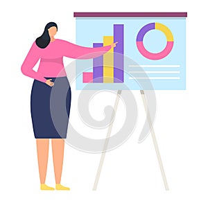 Woman character business task manager, female stand board infographics isolated on white, flat vector illustration. Info