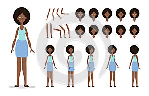 Woman character constructor for animation with various views, poses, emotions. Cartoon African American woman