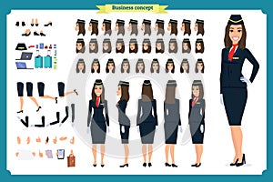 Woman character creation set. The stewardess, flight attendant. Icons with different types of faces and hair style,