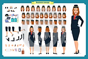 Woman character creation set. The stewardess, flight attendant. Icons with different types of faces and hair style, emotions,