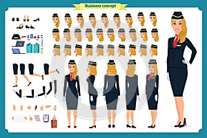 Woman character creation set. The stewardess, flight attendant. Icons with different types of faces and hair style, emotions,