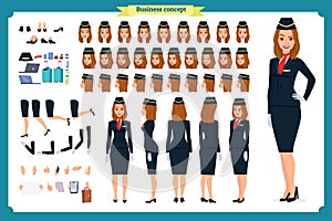 Woman character creation set. The stewardess, flight attendant. Icons with different types of faces and hair style, emotions, photo