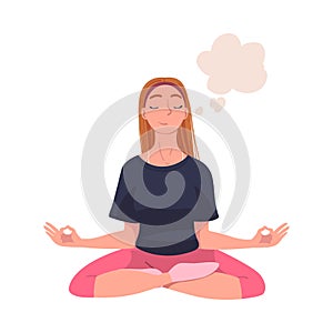Woman Character Daydreaming Imagining and Fantasizing Having Spontaneous Thought in Bubble Sitting in Yoga Pose Vector