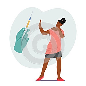 Woman Character Displaying Fear And Apprehension At The Sight Of A Needle. Cartoon People Vector Illustration
