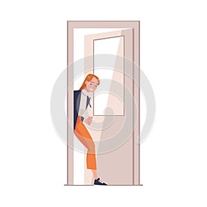 Woman Character at the Door Opening It Entering Home Vector Illustration