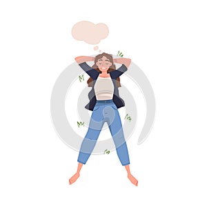 Woman Character Dreaming Imagining and Fantasizing Having Spontaneous Thought in Bubble Lying on Grass Above View Vector