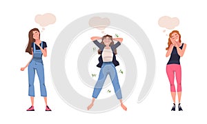 Woman Character Dreaming Imagining and Fantasizing Having Spontaneous Thought in Bubble Vector Set