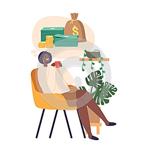 Woman Character Dreams Of Money, Her Eyes Filled With Longing As She Envisions Wealth, Vector Illustration