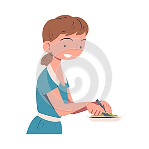 Woman Character Eating Food at Home Sitting at Table with Knife and Fork Vector Illustration