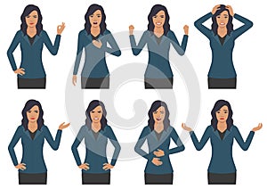 Woman character expressions with hands gesture, cartoon businesswoman wit different emotion