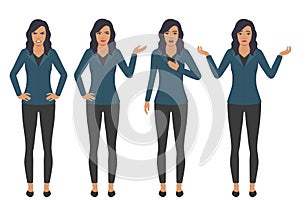 woman character expressions with hands gesture, cartoon businesswoman wit different emotion