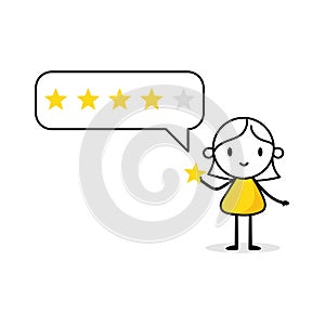 Woman character giving five stars positive feedback. Customer reviews, rate the service concept. Vector stock