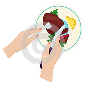 Woman character hand hold knife and fork, restaurant platter meat food, steak foodstuff flat vector illustration