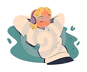 Woman Character in Headphones Dreaming Imagining and Fantasizing Something Lying on Grass Vector Illustration