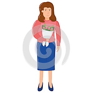 Woman character hold bouquet flower, design concept lovely floret, romantic flat vector illustration, isolated on white