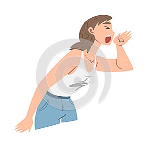 Woman Character Holding Hand Near Mouth and Shouting or Screaming Loud to the Side Vector Illustration