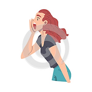 Woman Character Holding Hand Near Mouth and Shouting or Screaming Loud to the Side Vector Illustration