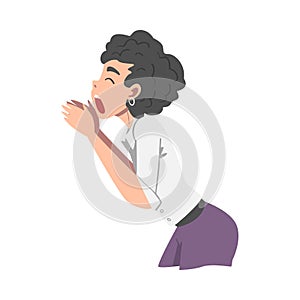 Woman Character Holding Hand Near Mouth and Shouting or Screaming Loud to the Side Vector Illustration