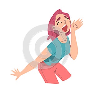 Woman Character Holding Hand Near Mouth and Shouting or Screaming Loud to the Side Vector Illustration