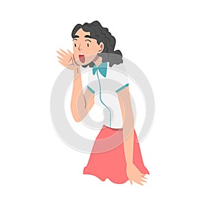 Woman Character Holding Hand Near Mouth and Shouting or Screaming Loud to the Side Vector Illustration