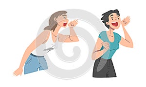 Woman Character Holding Hand Near Mouth and Shouting or Screaming Loud Vector Set