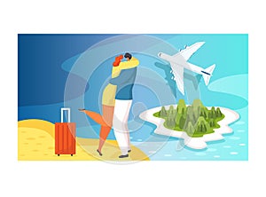 Woman character hugging man, trip lovely pair flight tropical hot country, couple standing sand beach flat vector