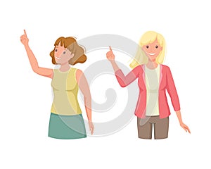 Woman Character Indicating Something Pointing with Index Finger as Hand Gesture Specifying Direction Vector Set