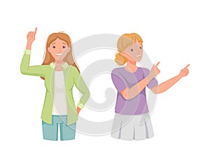 Woman Character Indicating Something Pointing with Index Finger as Hand Gesture Specifying Direction Vector Set