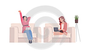 Woman Character with Laptop Sitting in Armchair Suffering from Internet Addiction Vector Set