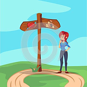 Woman character making choice love or money. Vector flat cartoon illustration