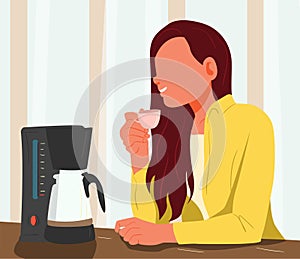 Woman character making coffee morning. Woman office worker character taking break and drinking coffee from coffee