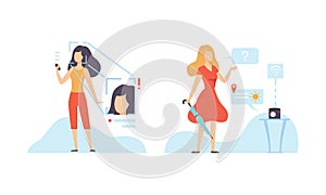 Woman Character with Modern Gadget Using Wireless Digital Technology Vector Set