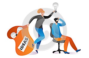 Woman character muse hold bag light bulb and lamp above man head, creative business ideas cartoon vector illustration