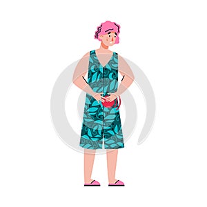 Woman character with pain in stomach, flat cartoon vector illustration isolated.