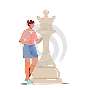 Woman Character Play Chess, Female Character Stand at Huge Queen or King Piece. Business Strategy Plan, Strategic Game