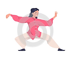 Woman Character Practicing Tai Chi and Qigong Exercise as Internal Chinese Martial Art Vector Illustration