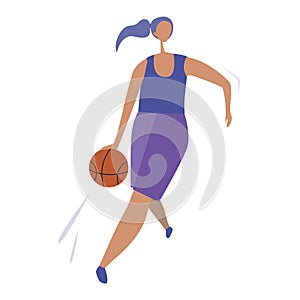 Woman or character running with a basketball in her hands, flat vector stock illustration with a young or adult girl isolated on